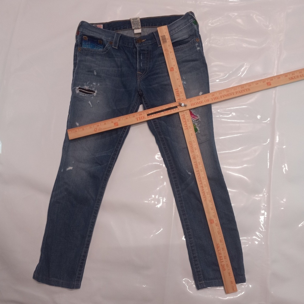 True Religion Womens 29 Serape Patch Distressed Straight Leg Jeans Made in USA - Picture 7 of 9